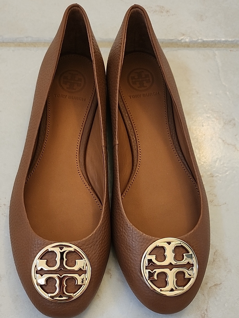 Tory Burch Brown Pebbled Leather Logo Ballet Flats
